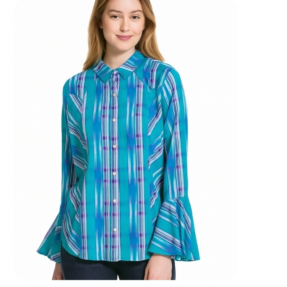 Wrangler Tops - Wrangler Retro Teal & Purple Western Bell Sleeve Southern Pearl Snap Shirt, SZ L